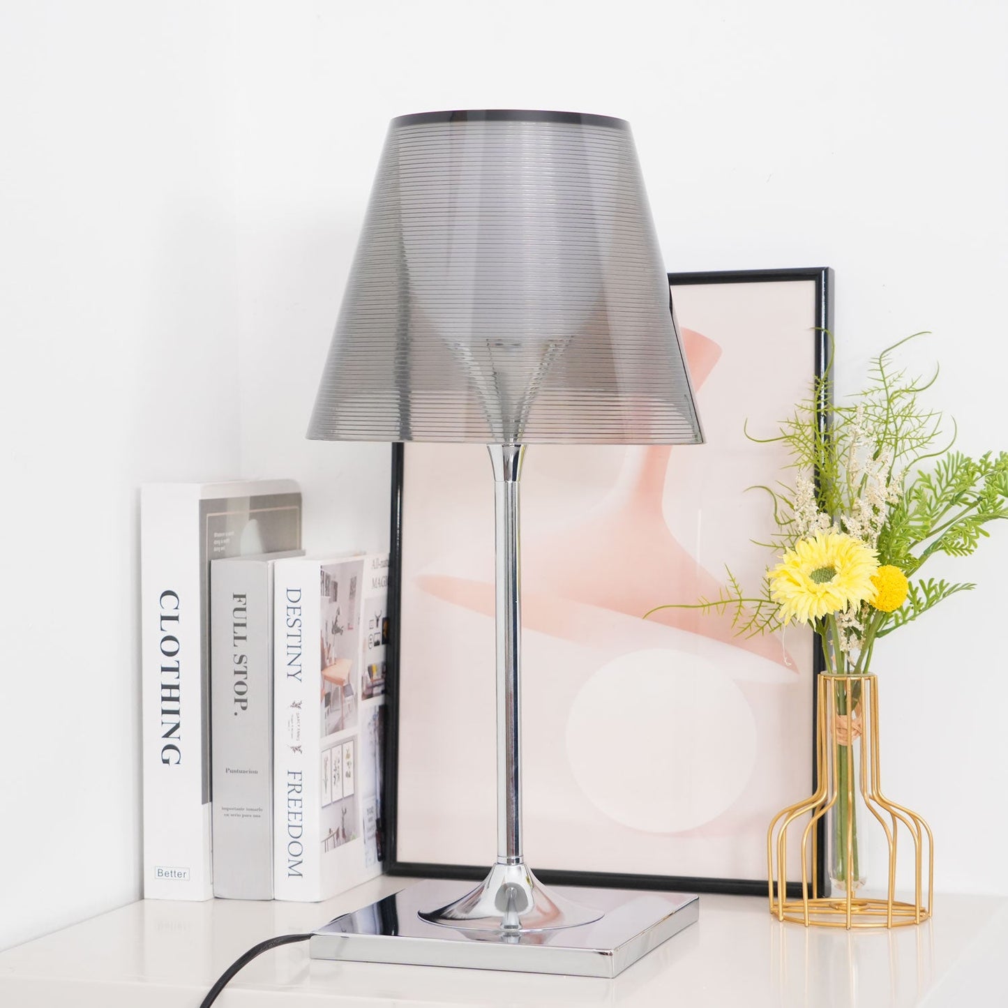 Chrome Prism Table Lamp | Metal, Acrylic, Plastic | Clear, Smoke Grey, Bronze