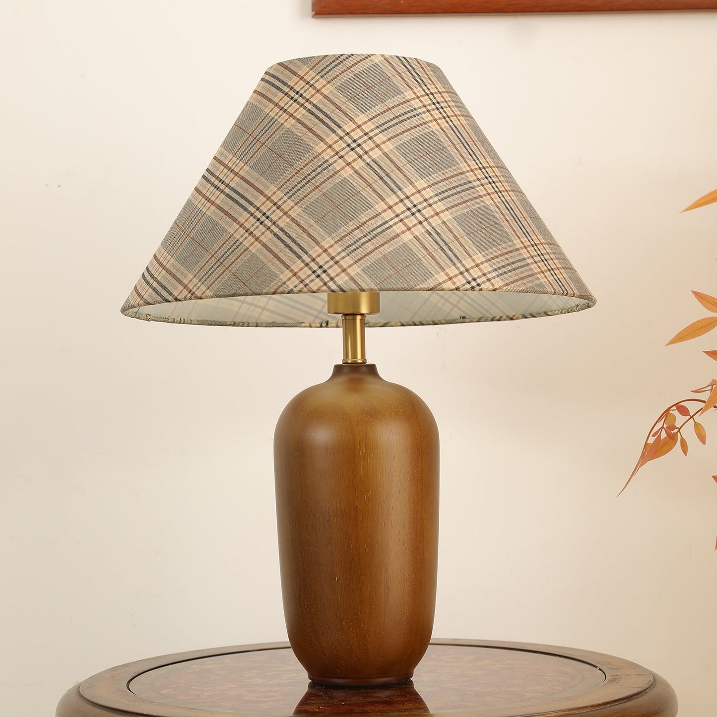 Clara Table Lamp | Walnut Base | Plaid Shade