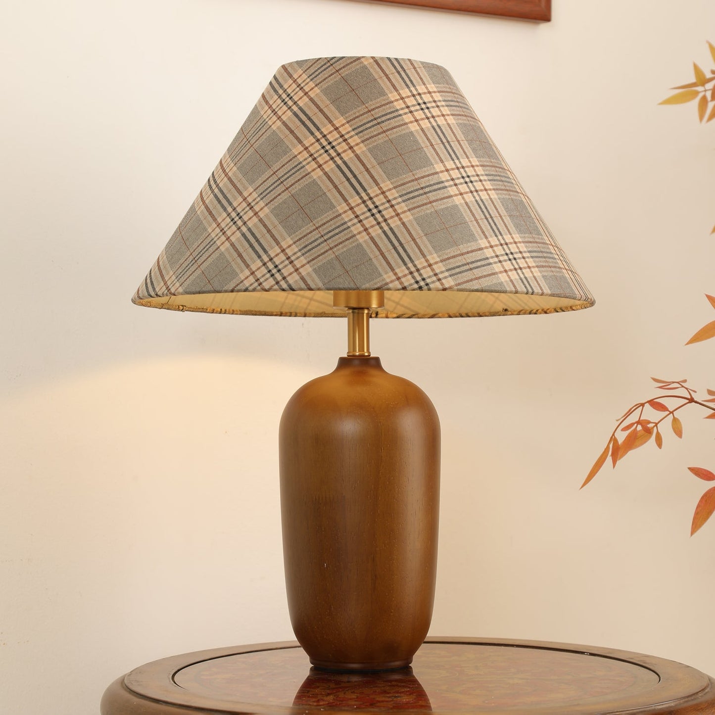 Clara Table Lamp | Walnut Base | Plaid Shade