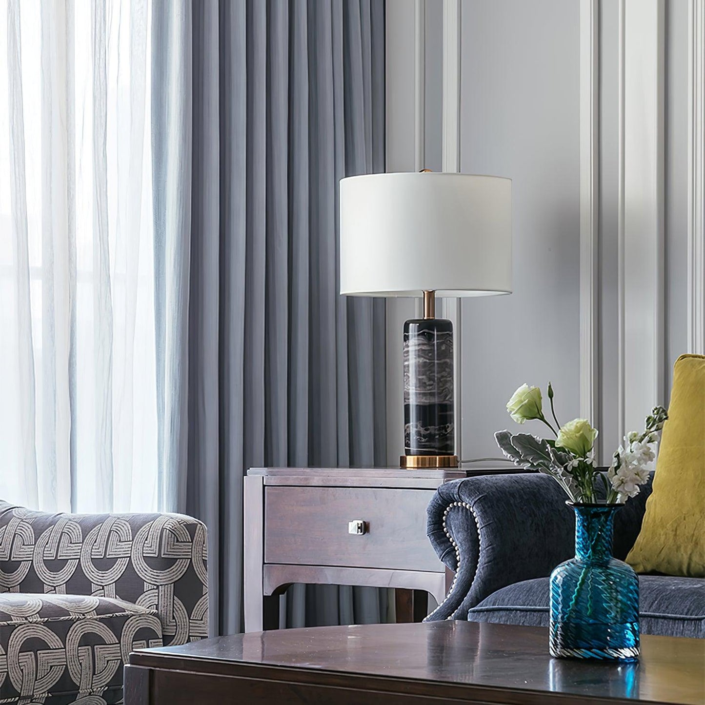 Cliff Table Lamp | Metal, Marble, Fabric | Black Marble, White Shade