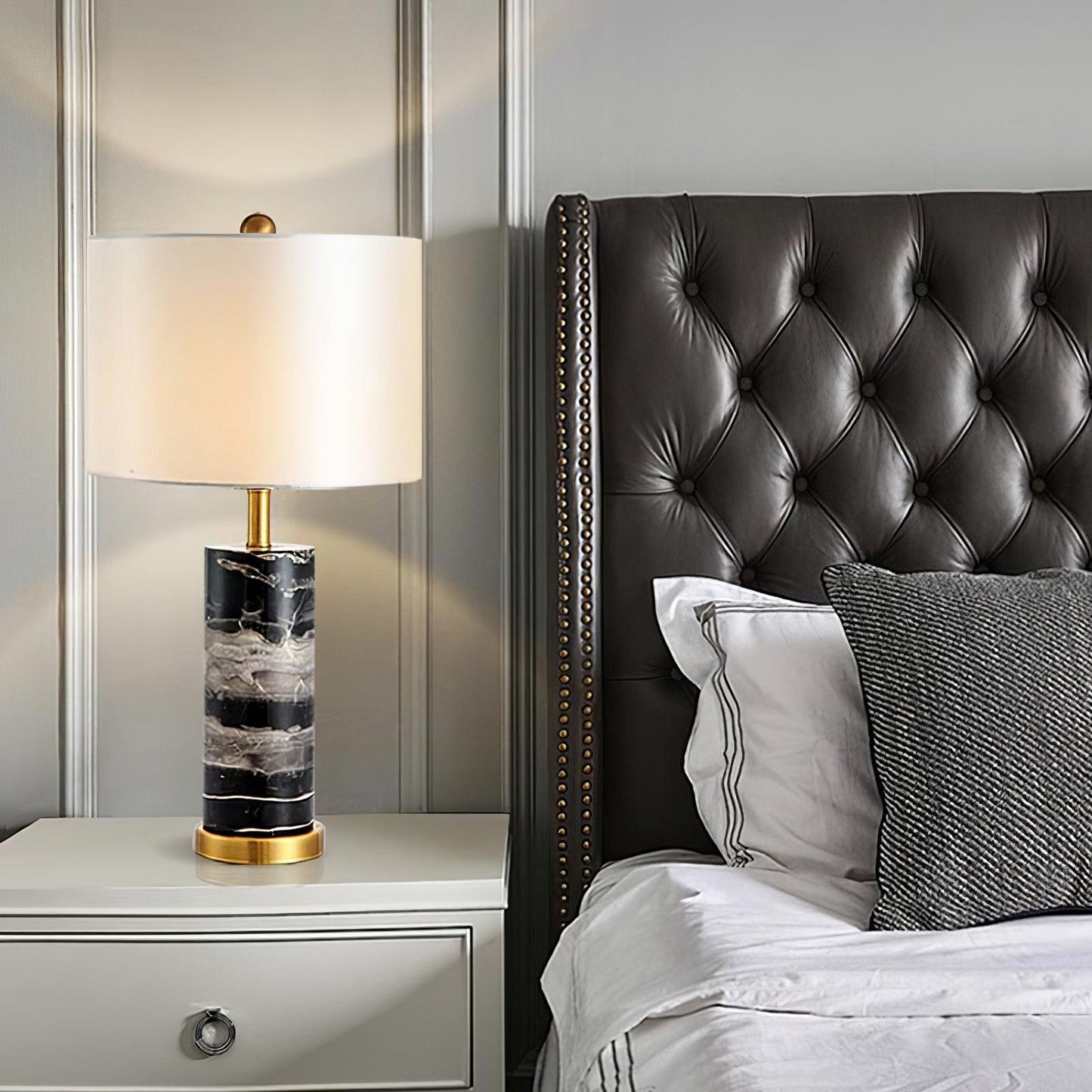 Cliff Table Lamp | Metal, Marble, Fabric | Black Marble, White Shade