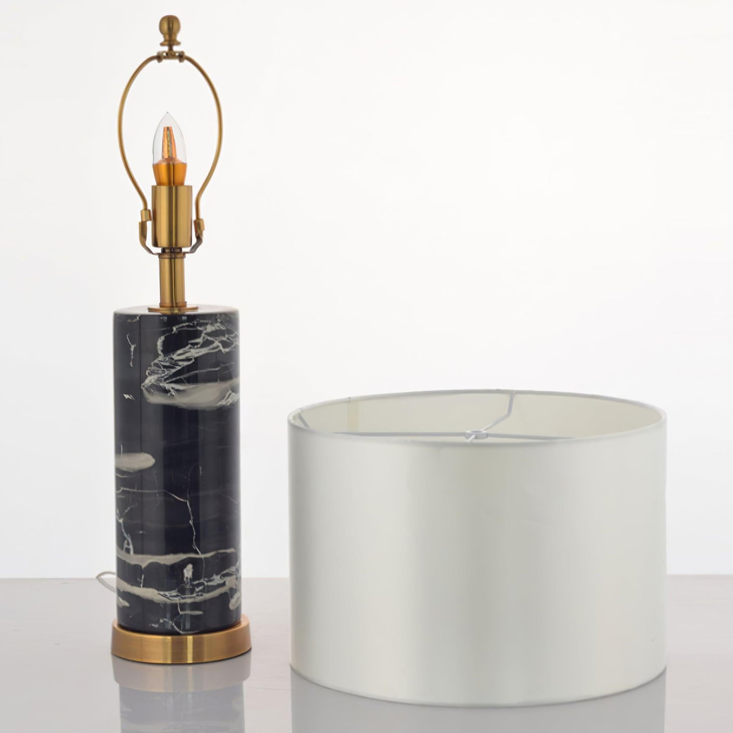 Cliff Table Lamp | Metal, Marble, Fabric | Black Marble, White Shade