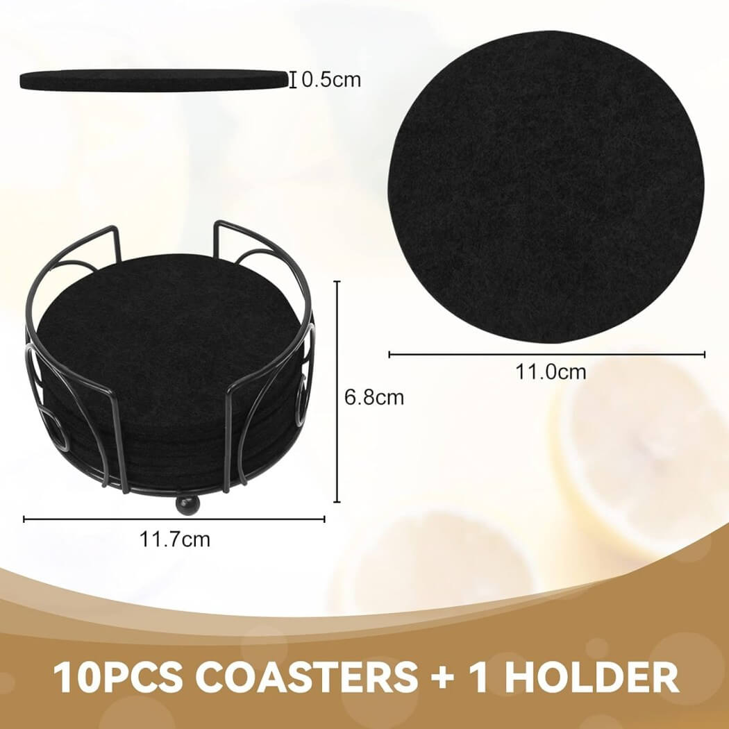 Felt Coaster Set | Non-Slip Design | 10 Pieces with Holder