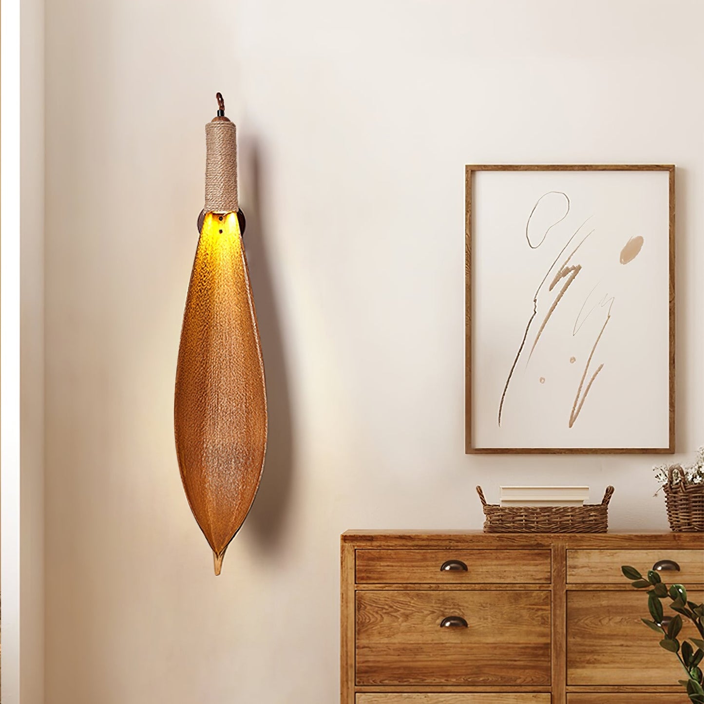 Cocoa Leaf Wall Sconce | Natural Leaf & Hemp Rope | Black
