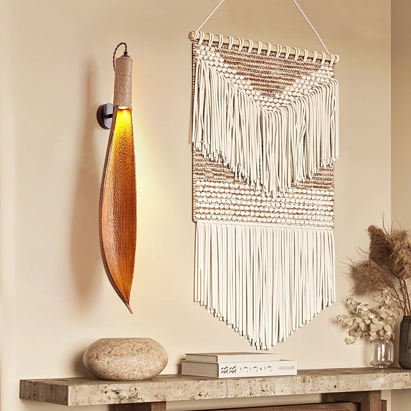 Cocoa Leaf Wall Sconce | Natural Leaf & Hemp Rope | Black