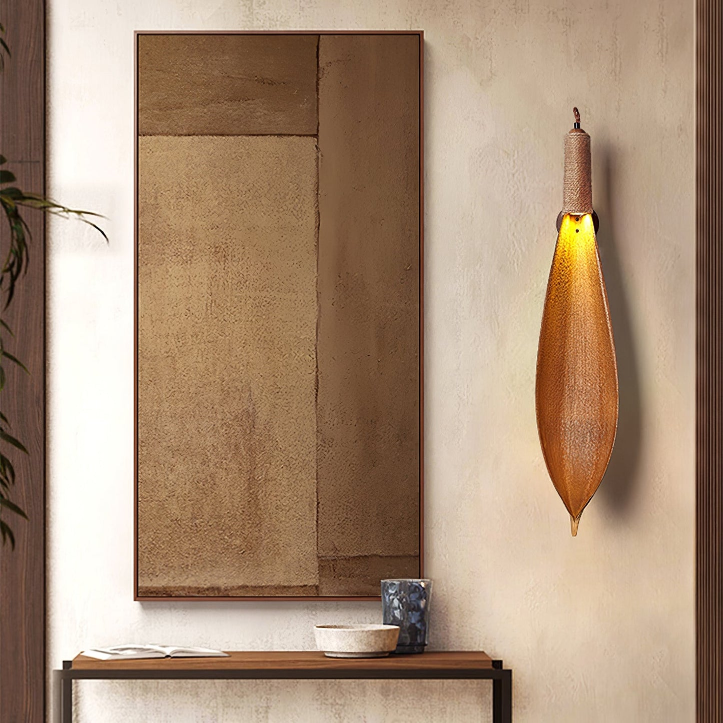 Cocoa Leaf Wall Sconce | Natural Leaf & Hemp Rope | Black