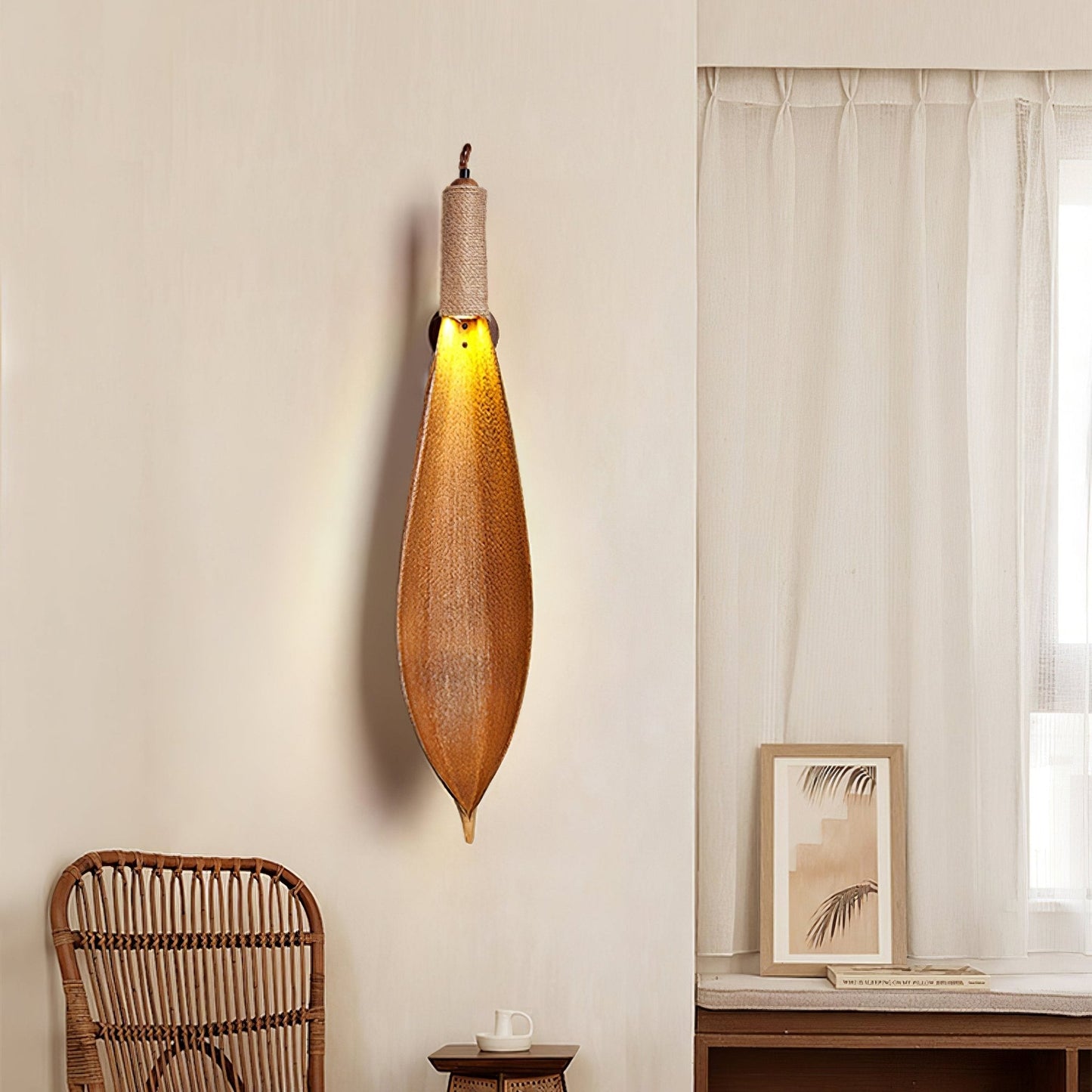 Cocoa Leaf Wall Sconce | Natural Leaf & Hemp Rope | Black