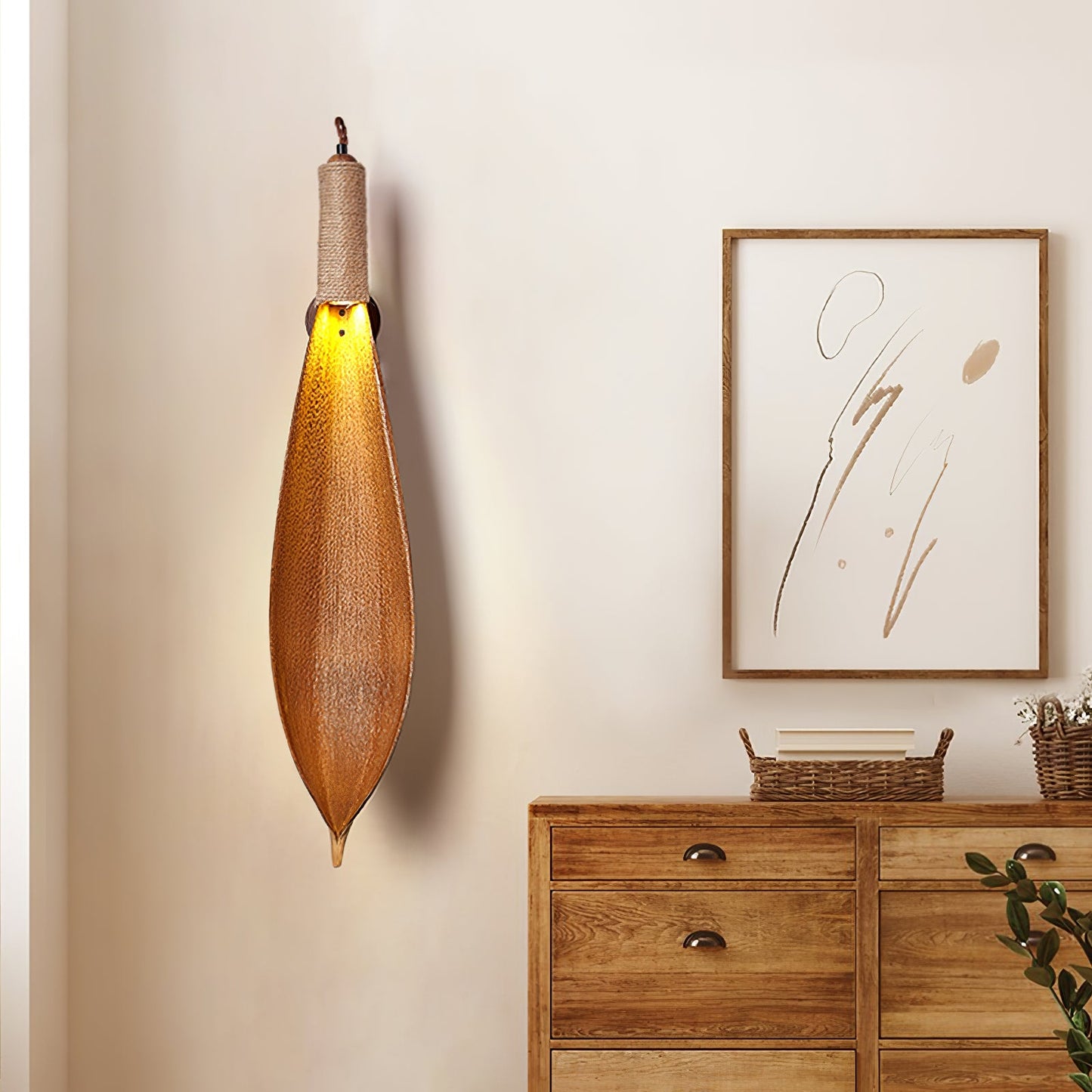 Cocoa Leaf Wall Sconce | Natural Leaf & Hemp Rope | Black