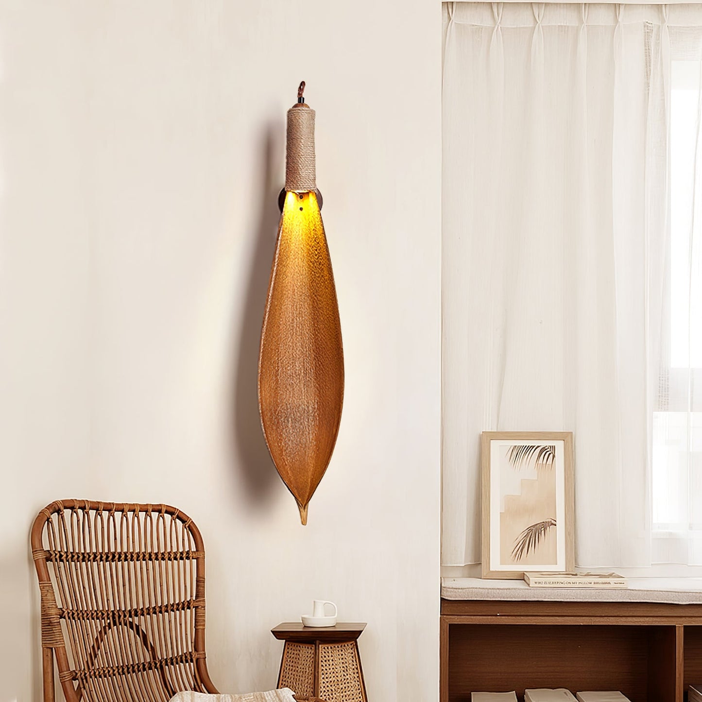 Cocoa Leaf Wall Sconce | Natural Leaf & Hemp Rope | Black