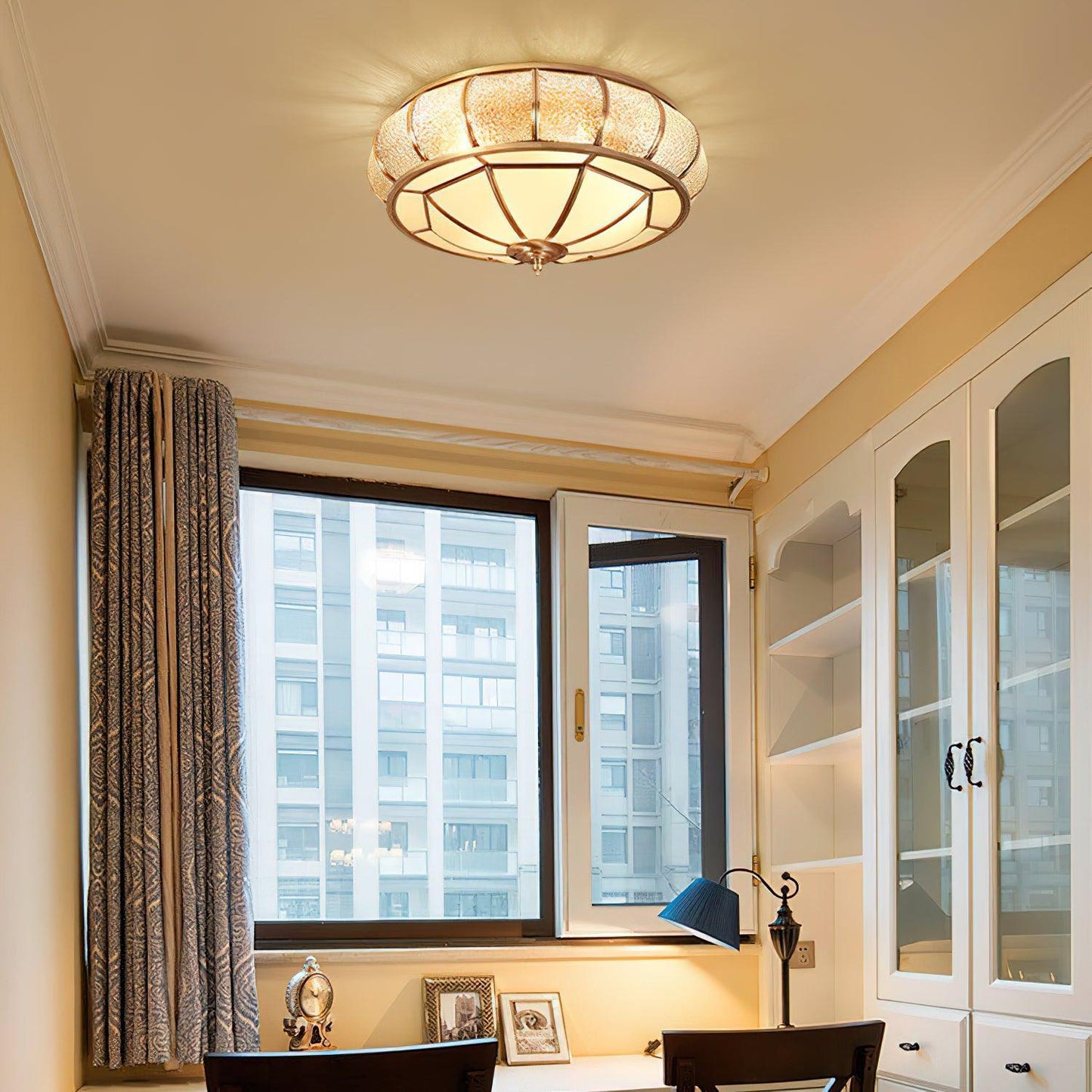 Colonial Glass Drum Ceiling Light | Brass & Glass | White Shade
