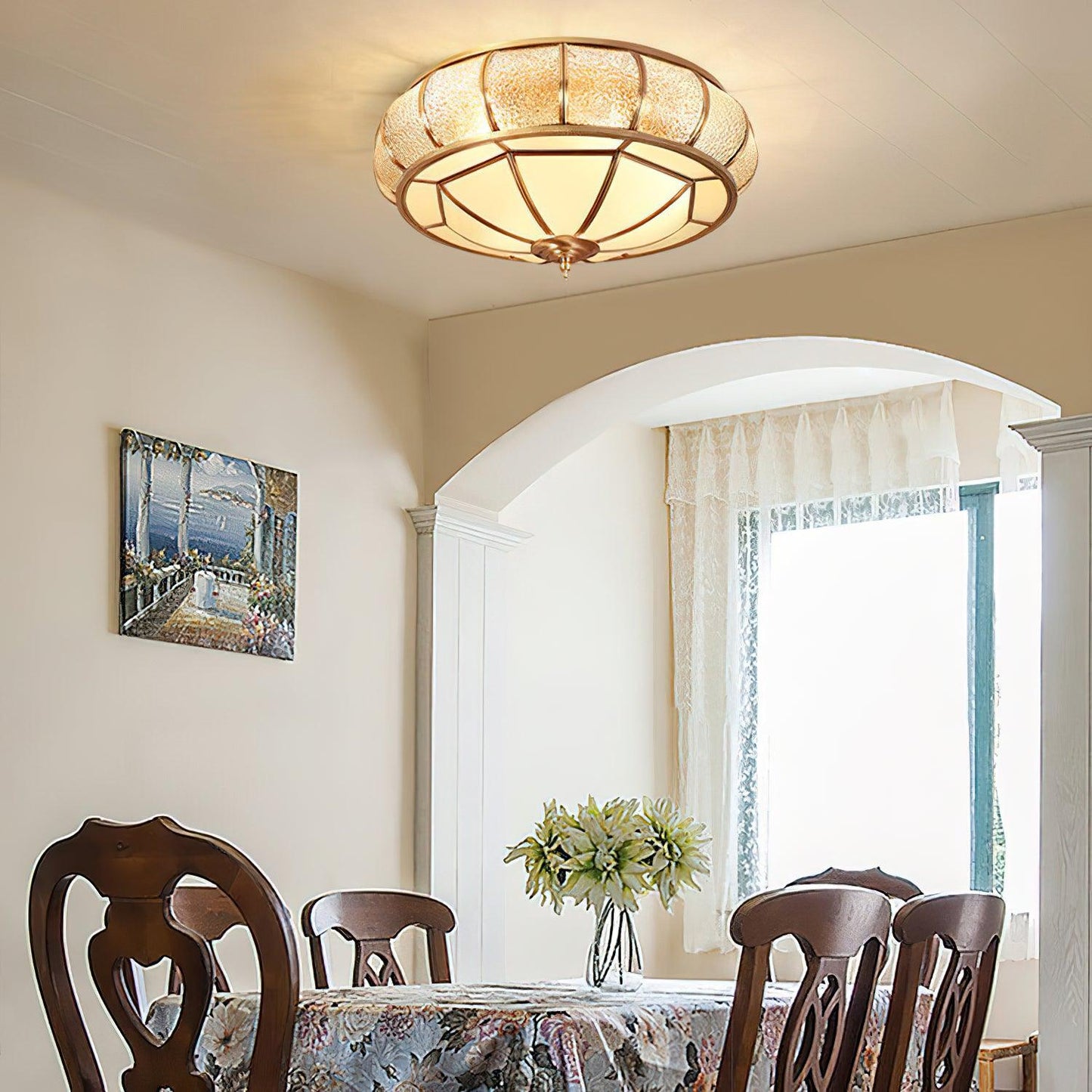 Colonial Glass Drum Ceiling Light | Brass & Glass | White Shade