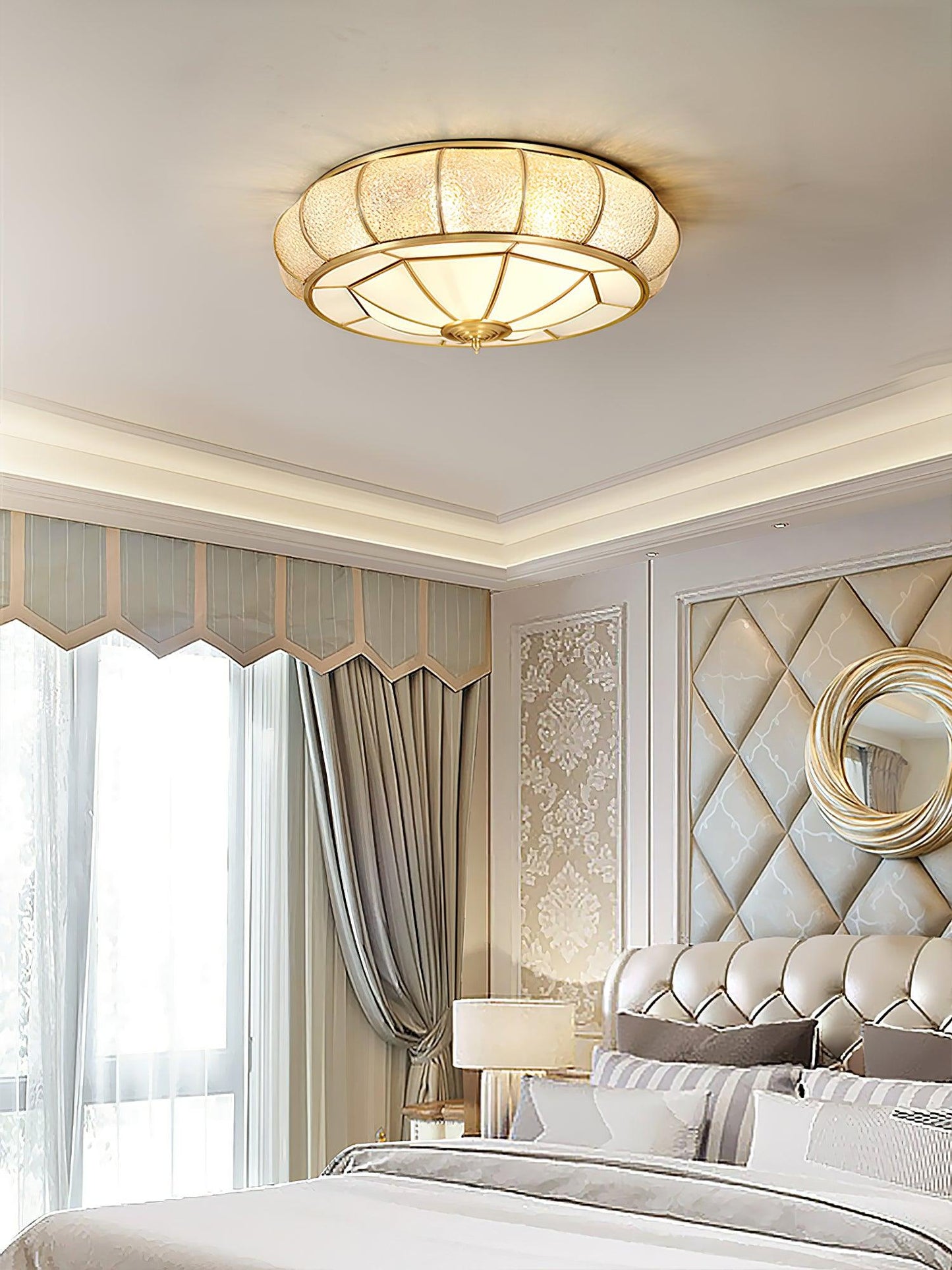 Colonial Glass Drum Ceiling Light | Brass & Glass | White Shade