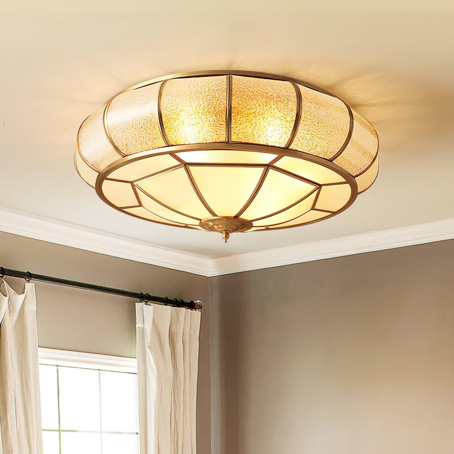 Colonial Glass Drum Ceiling Light | Brass & Glass | White Shade