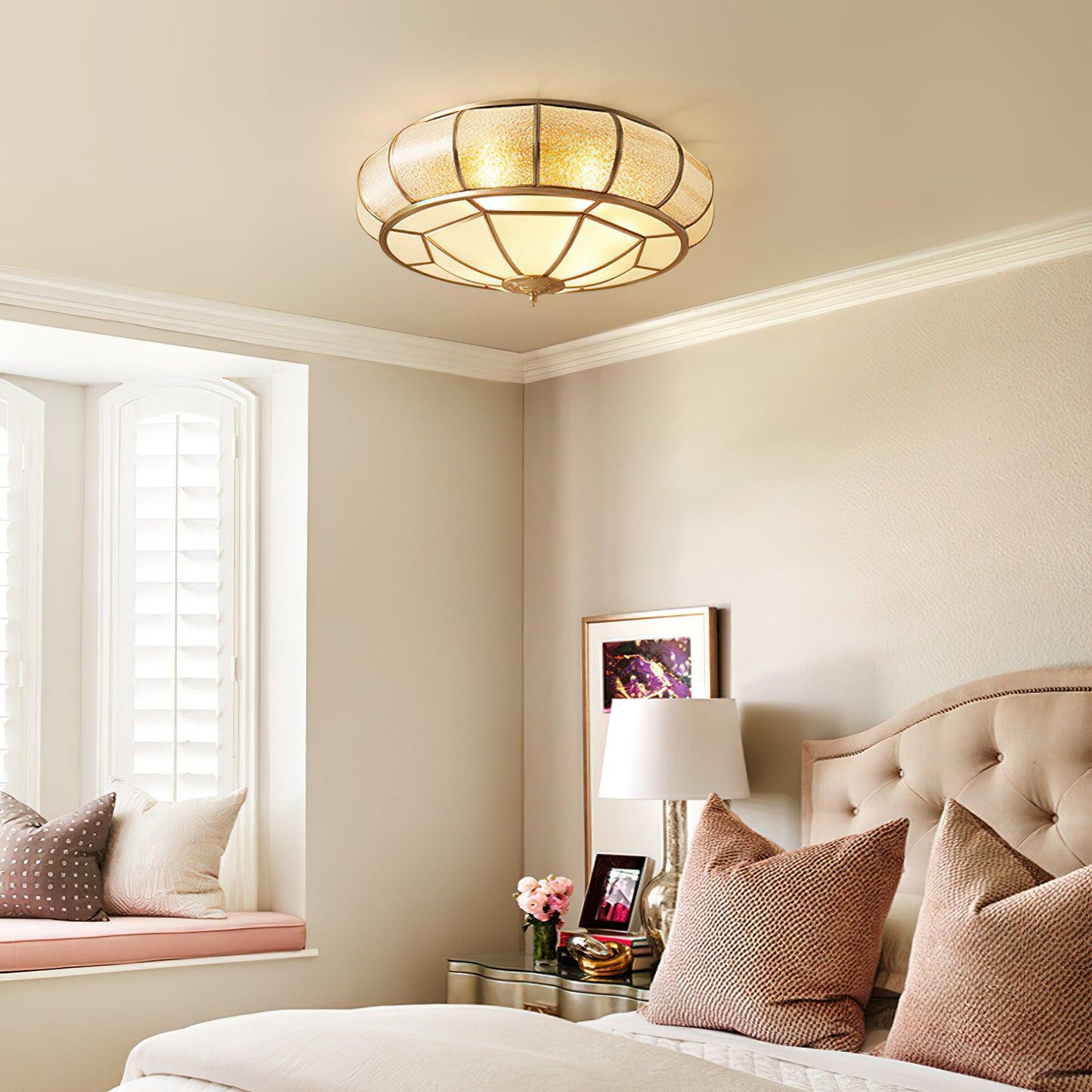 Colonial Glass Drum Ceiling Light | Brass & Glass | White Shade