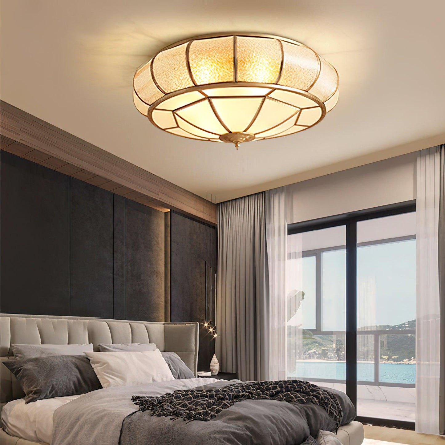 Colonial Glass Drum Ceiling Light | Brass & Glass | White Shade