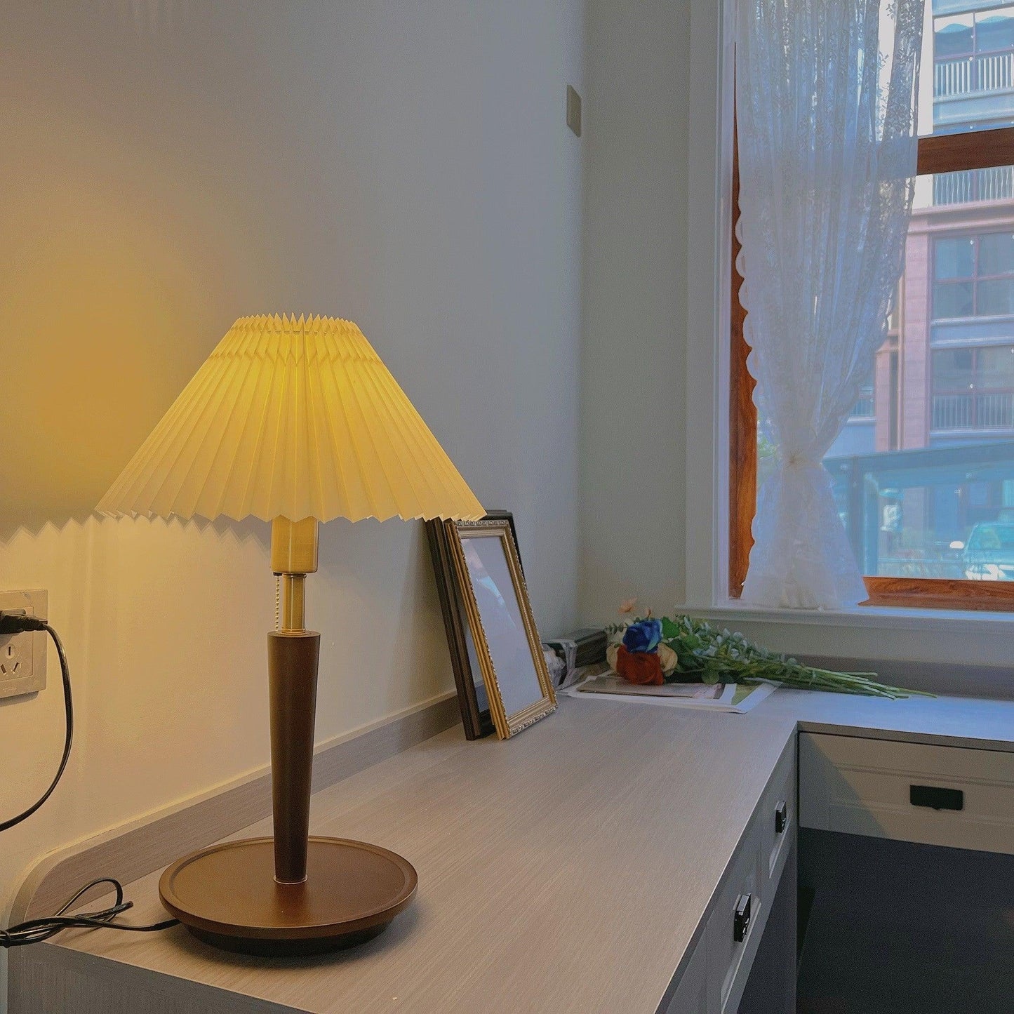 Table Lamp | White Linen Shade & Brass Accents | 36cm Diameter