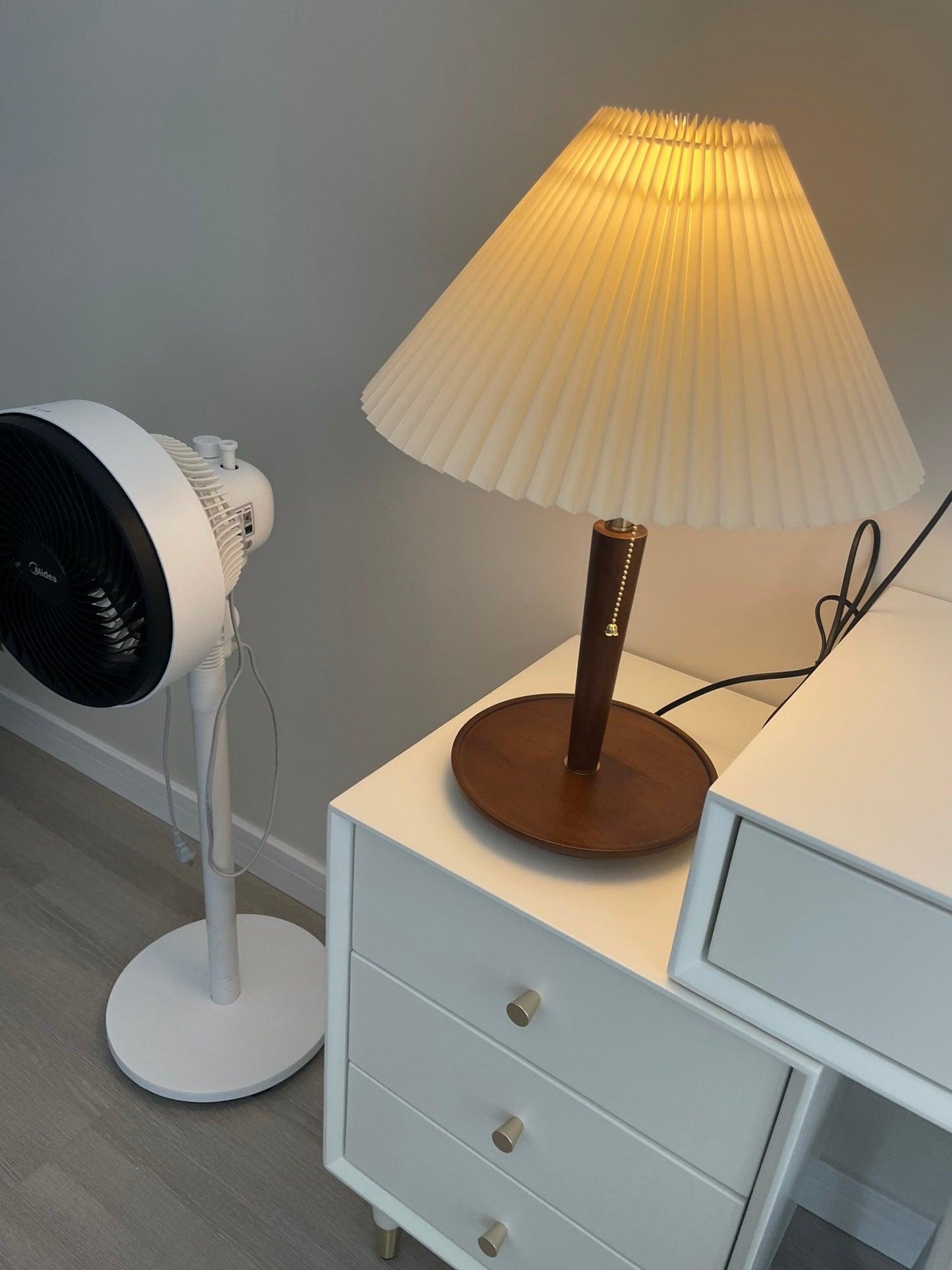 Table Lamp | White Linen Shade & Brass Accents | 36cm Diameter