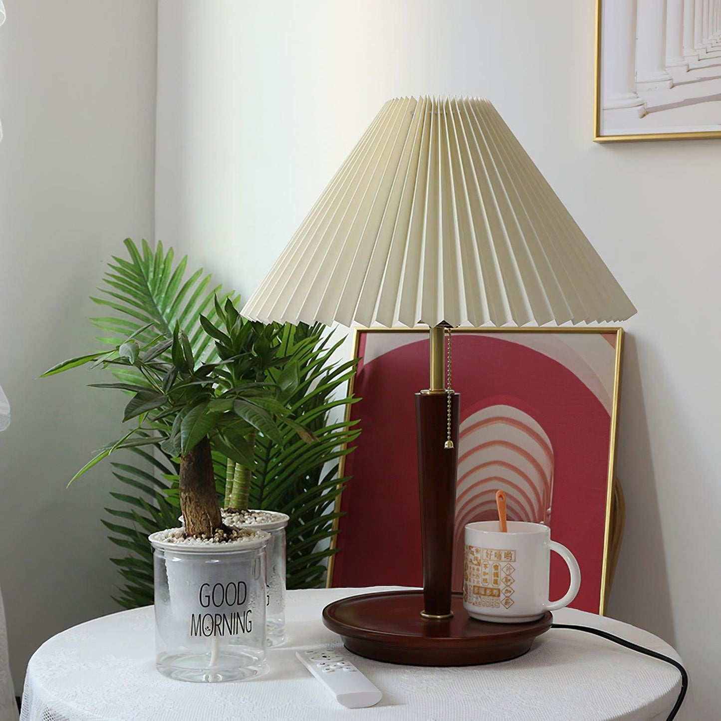 Table Lamp | White Linen Shade & Brass Accents | 36cm Diameter
