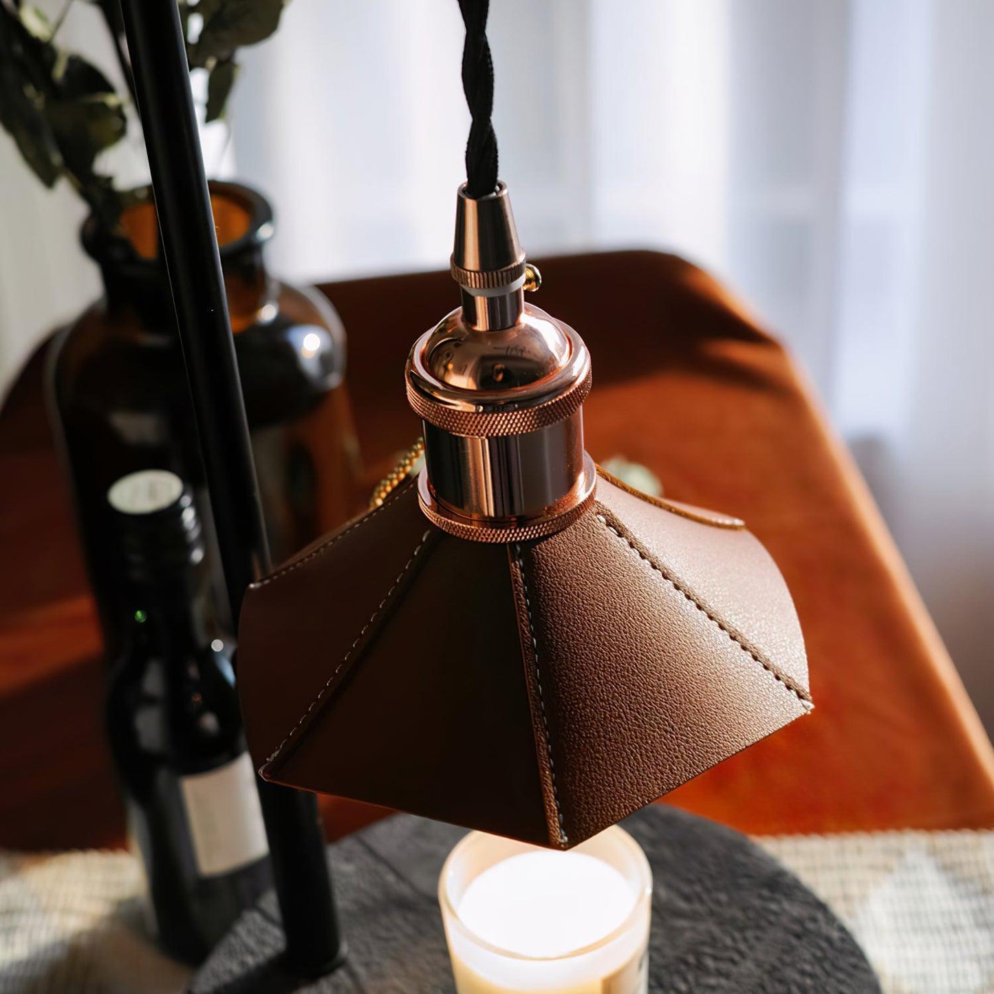 Cordero Wooden Stool Table Lamp | Wooden & Leather | Rose Gold or Black
