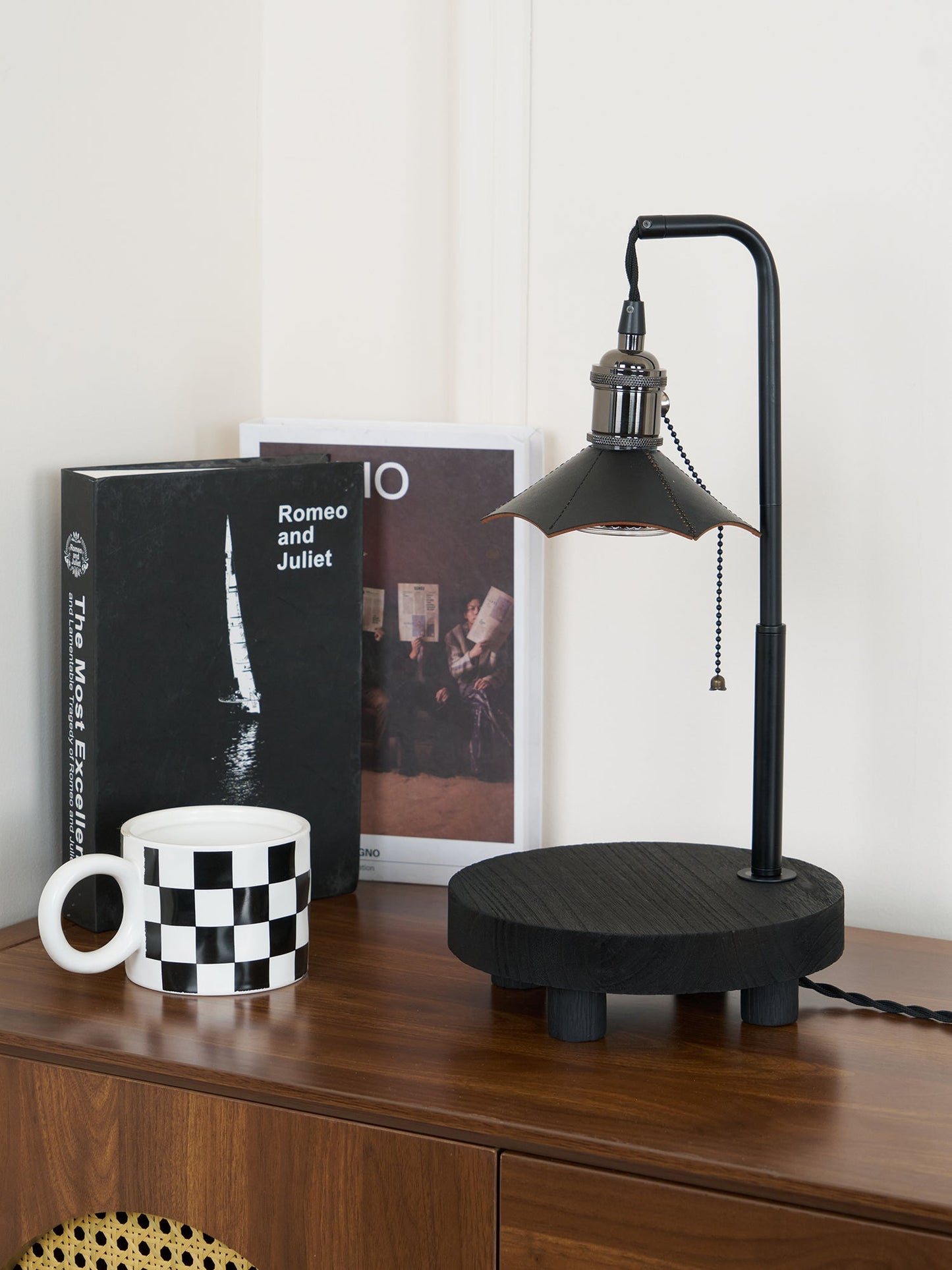 Cordero Wooden Stool Table Lamp | Wooden & Leather | Rose Gold or Black