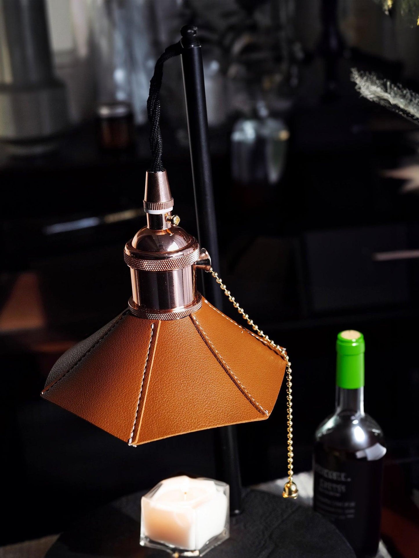 Cordero Wooden Stool Table Lamp | Wooden & Leather | Rose Gold or Black