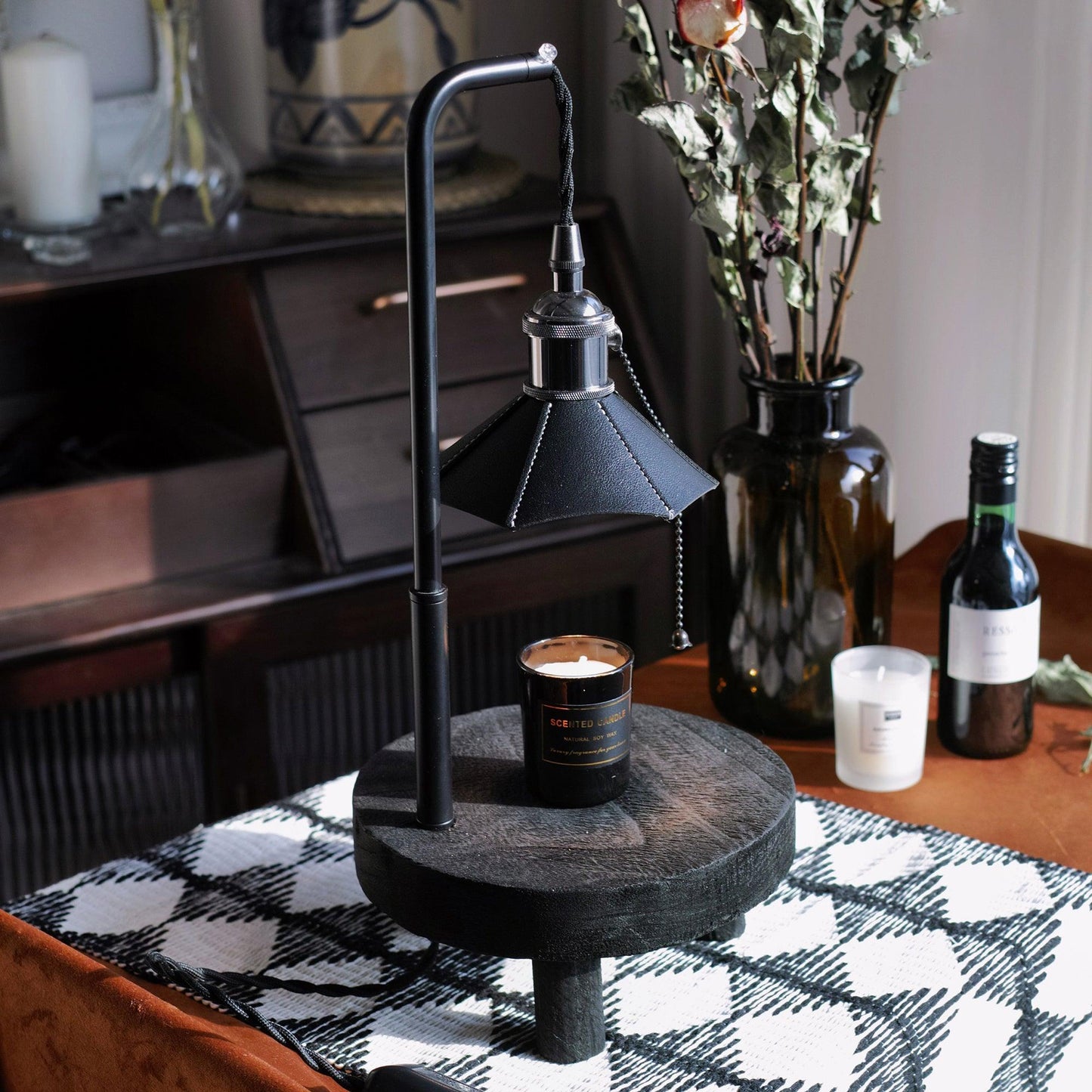 Cordero Wooden Stool Table Lamp | Wooden & Leather | Rose Gold or Black