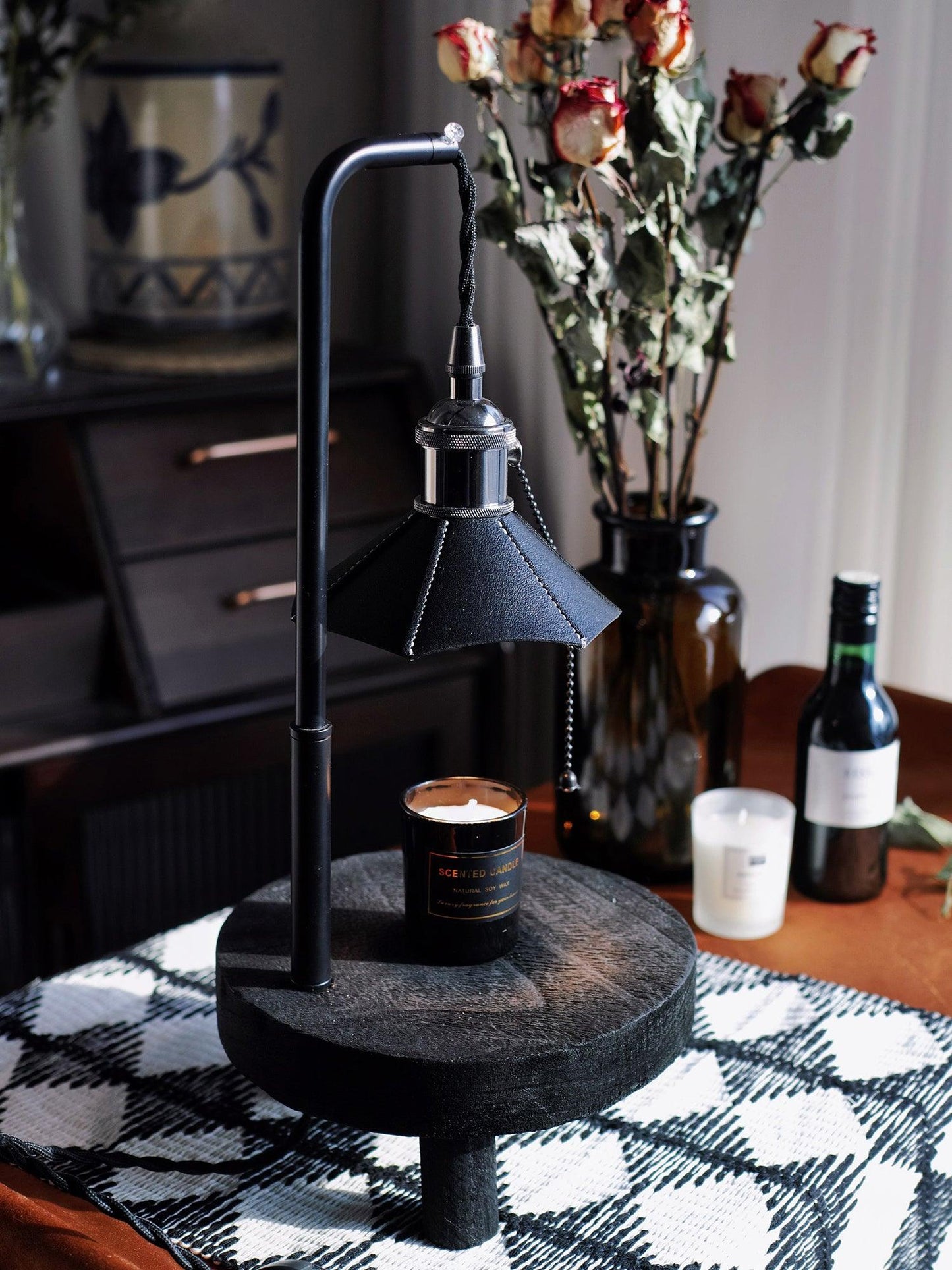 Cordero Wooden Stool Table Lamp | Wooden & Leather | Rose Gold or Black