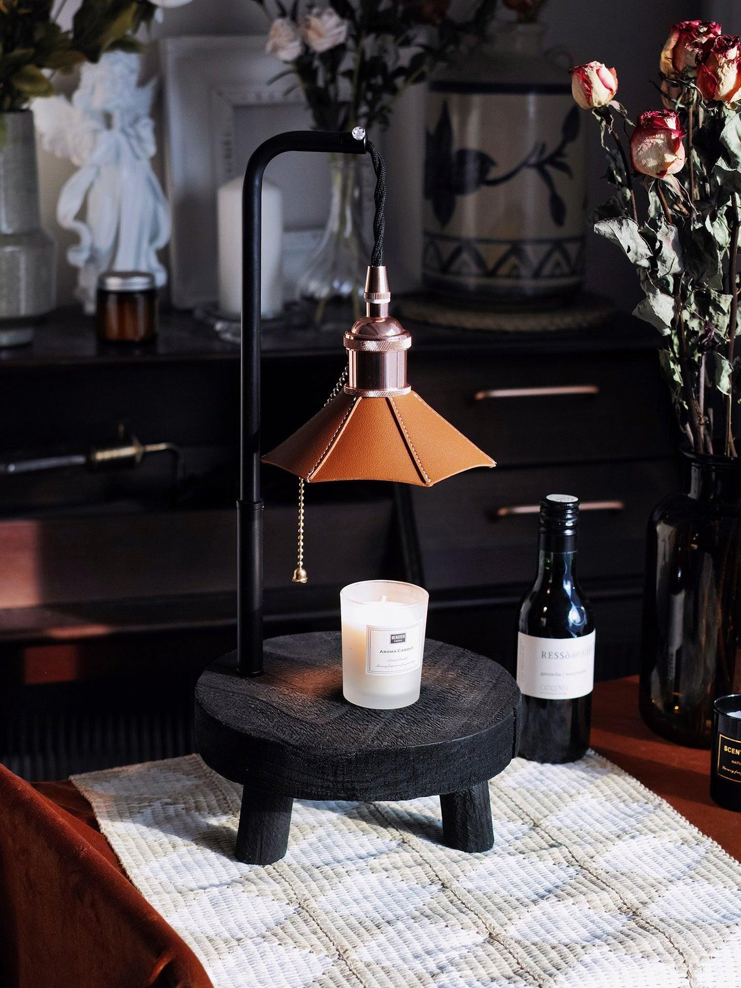 Cordero Wooden Stool Table Lamp | Wooden & Leather | Rose Gold or Black