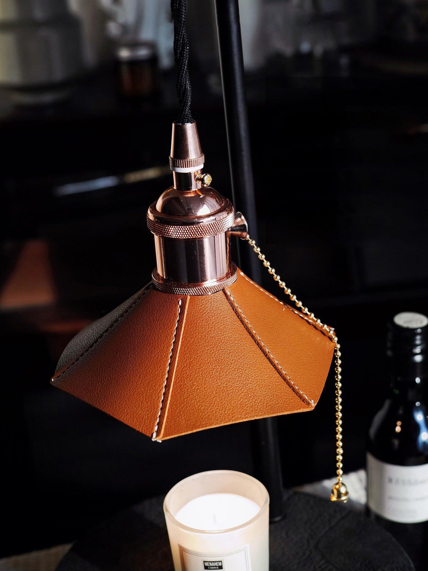 Cordero Wooden Stool Table Lamp | Wooden & Leather | Rose Gold or Black