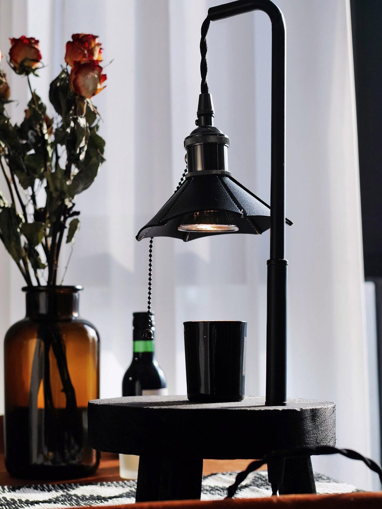 Cordero Wooden Stool Table Lamp | Wooden & Leather | Rose Gold or Black