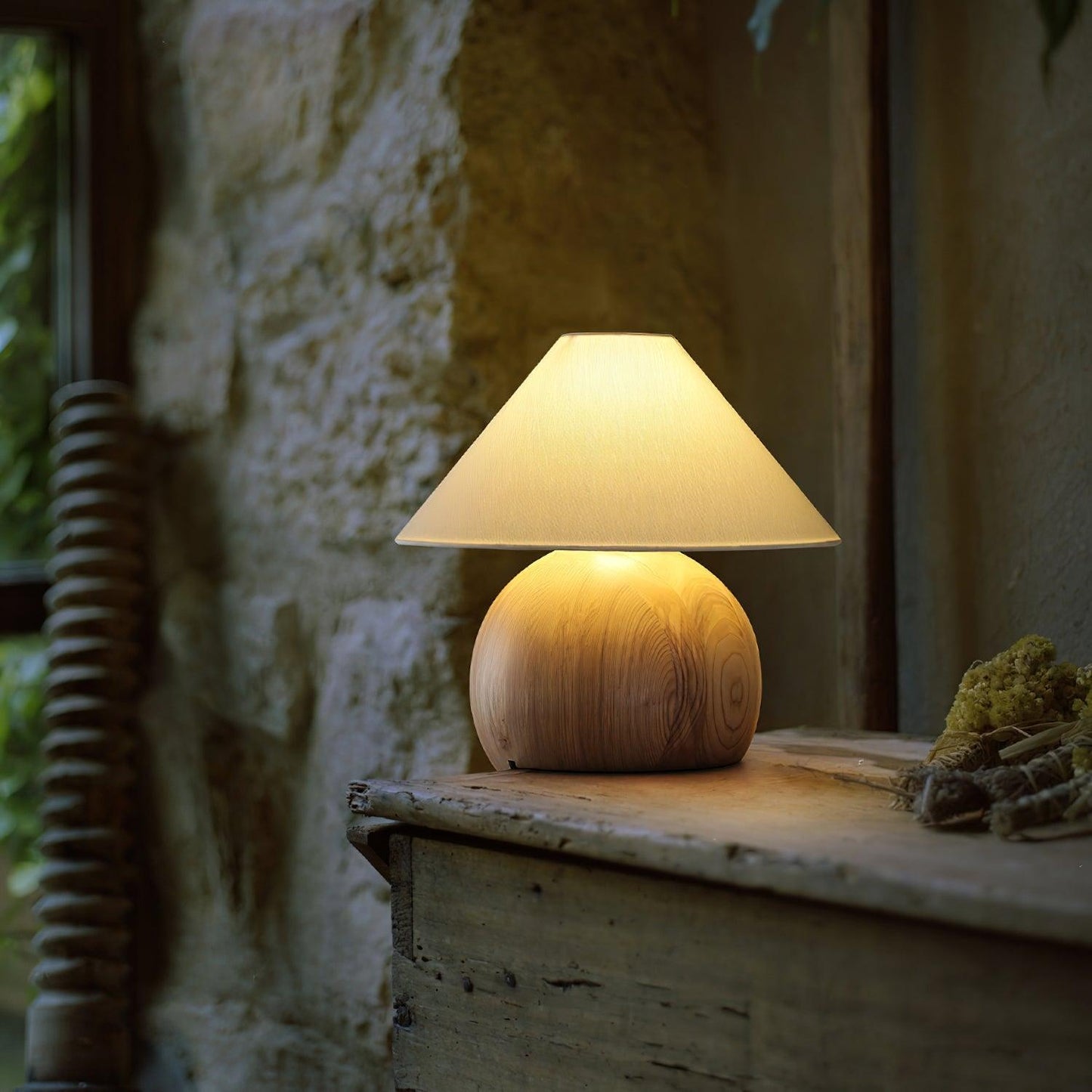 Corner Log Table Lamp | Hand-Polished Solid Wood | Walnut Color