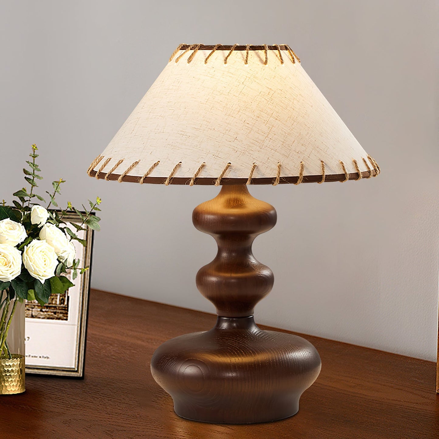 Crigler Table Lamp | Walnut Wood & Beige Fabric | Retro Design
