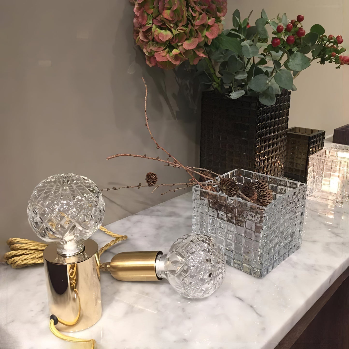 Crystal Table Lamp | Hand-Cut Clear Glass | Gold Brass Base