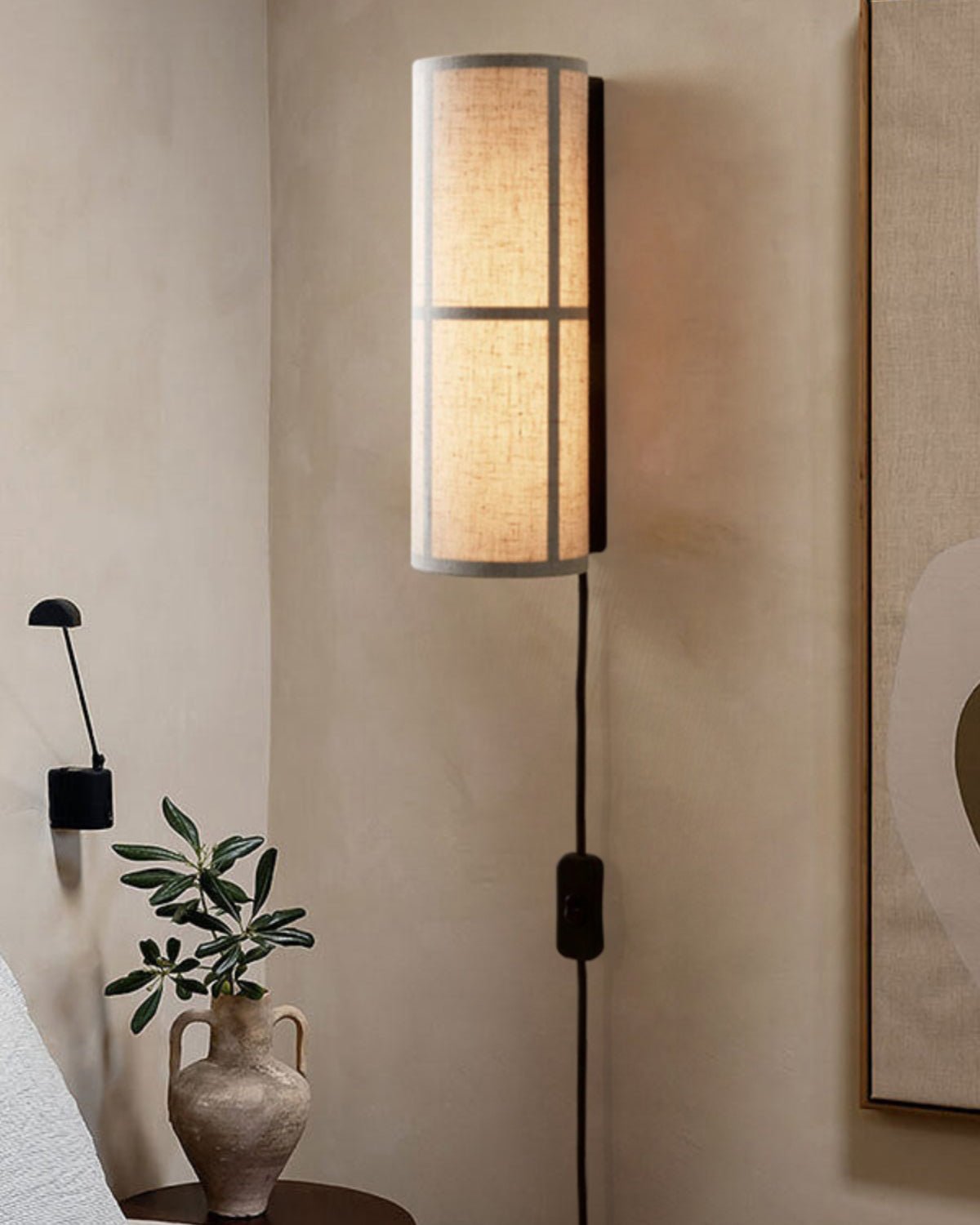 Cylinder Wall Lamp | Fabric Shade | Black Frame, White or Grey Shade