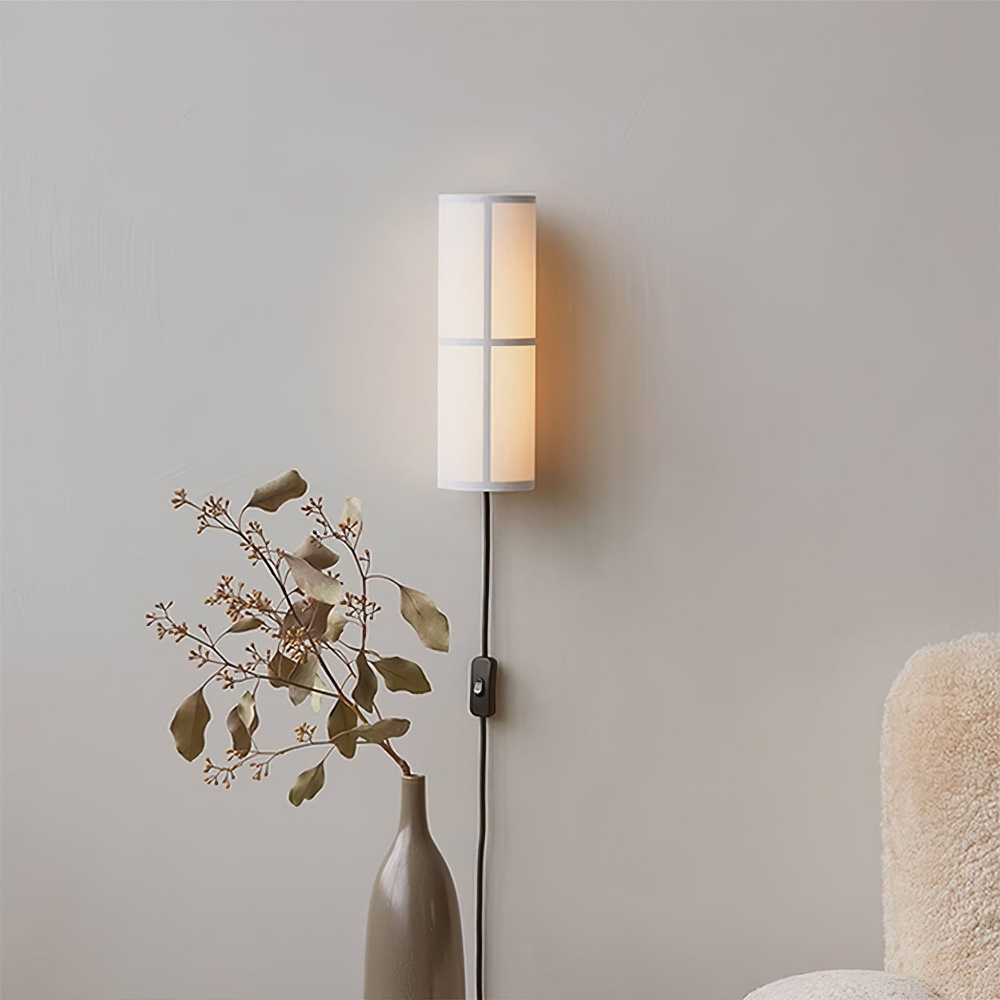 Cylinder Wall Lamp | Fabric Shade | Black Frame, White or Grey Shade