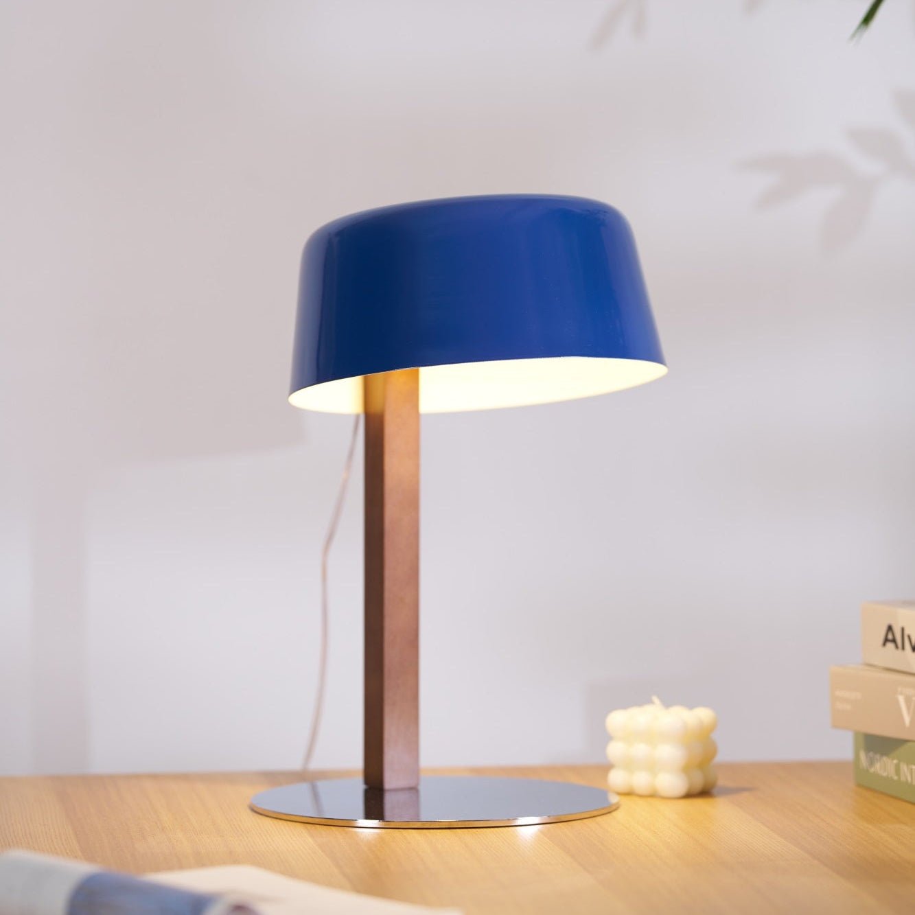 Dario Table Lamp | Wood & Chrome | Blue Shade