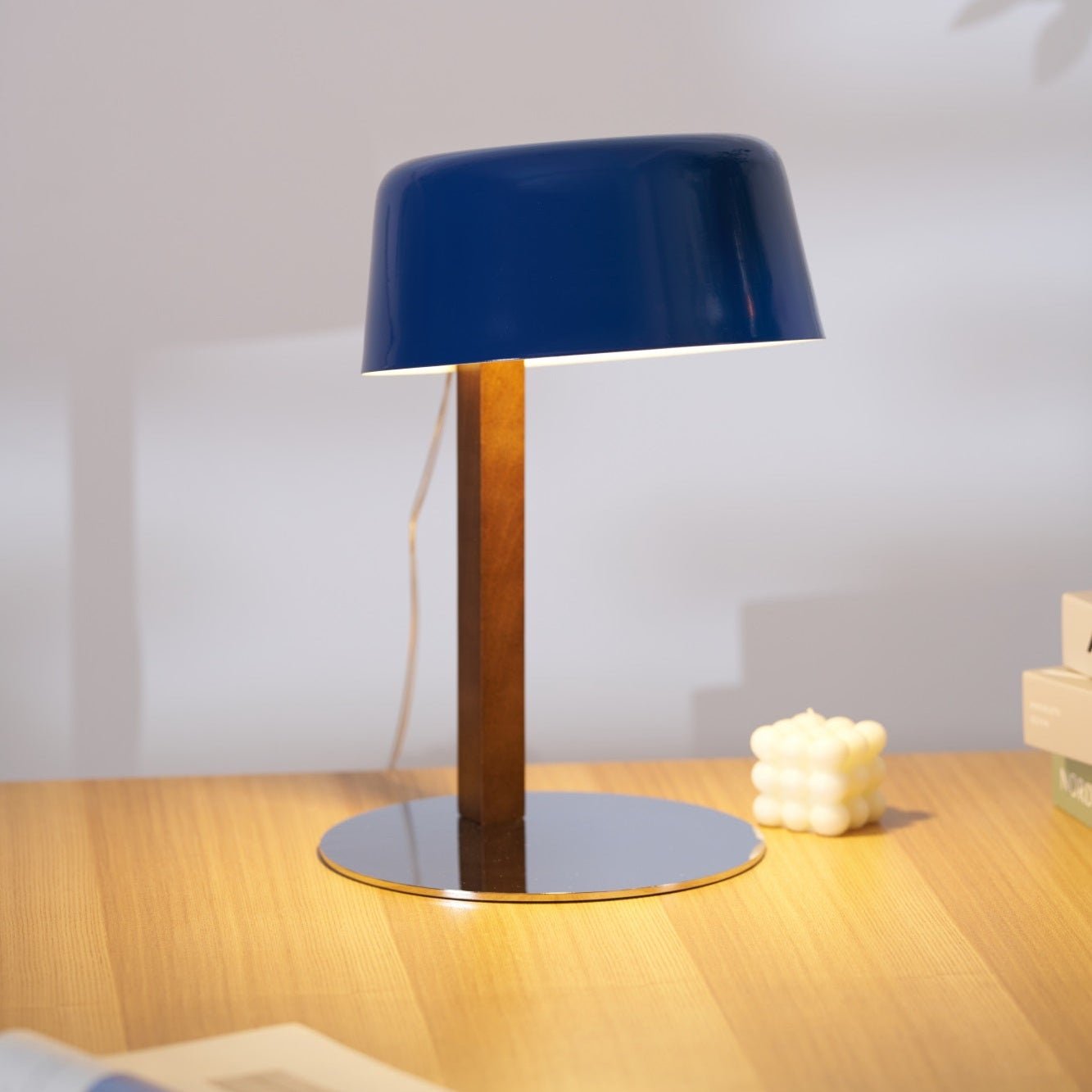 Dario Table Lamp | Wood & Chrome | Blue Shade
