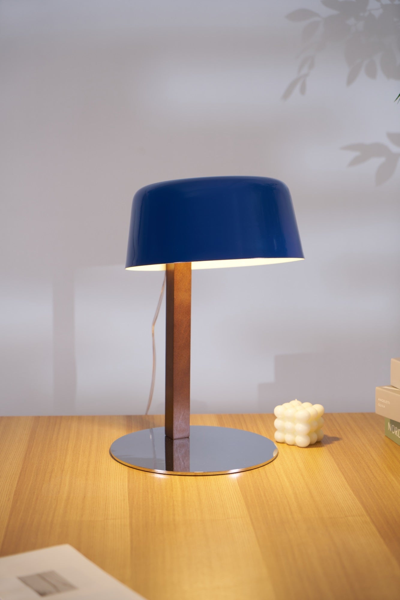 Dario Table Lamp | Wood & Chrome | Blue Shade