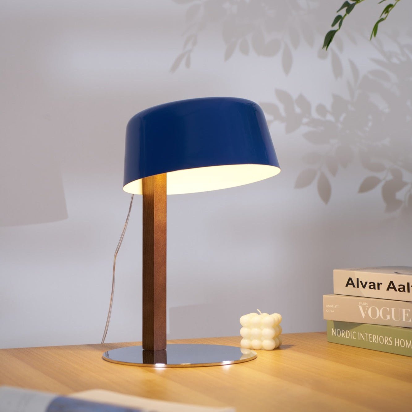 Dario Table Lamp | Wood & Chrome | Blue Shade