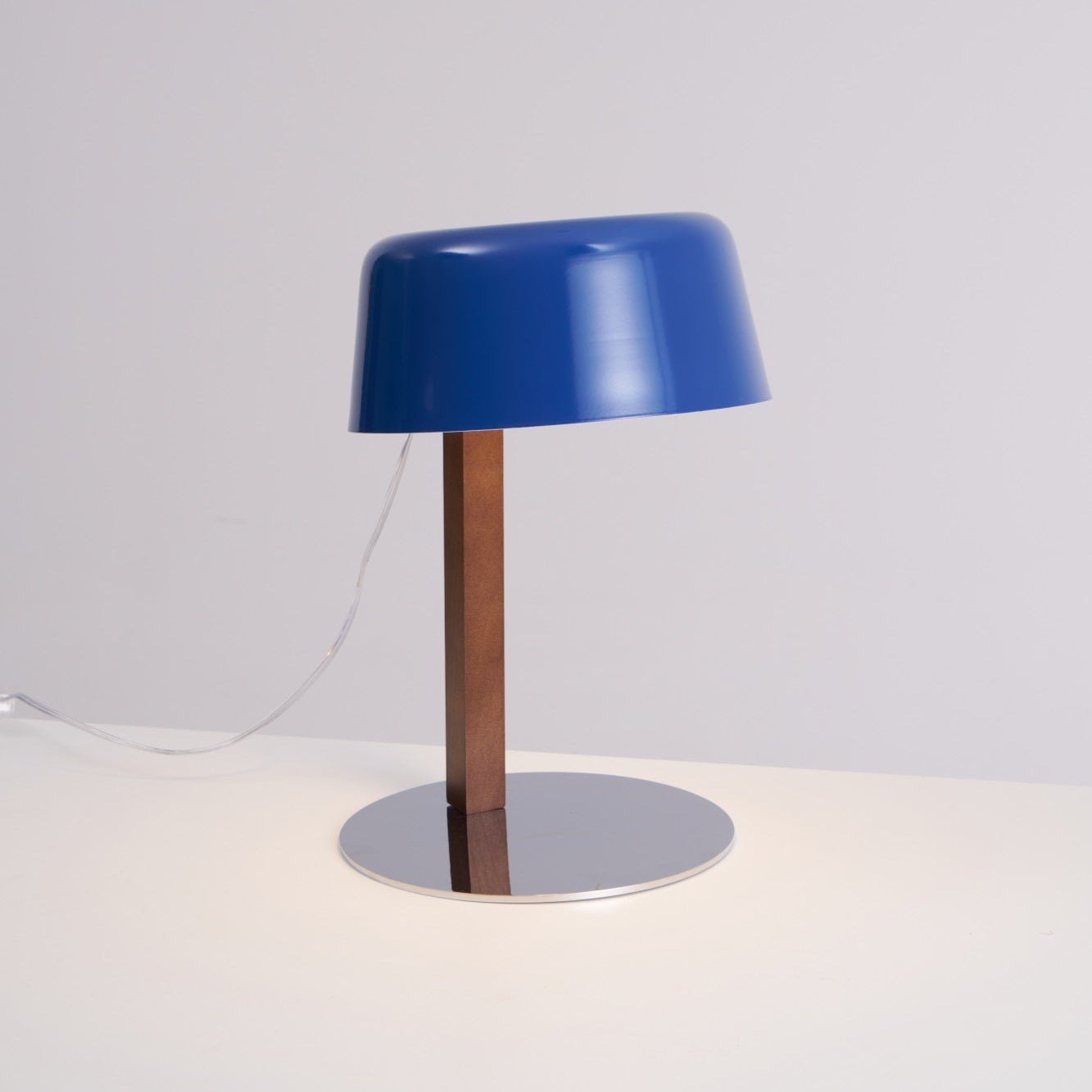 Dario Table Lamp | Wood & Chrome | Blue Shade