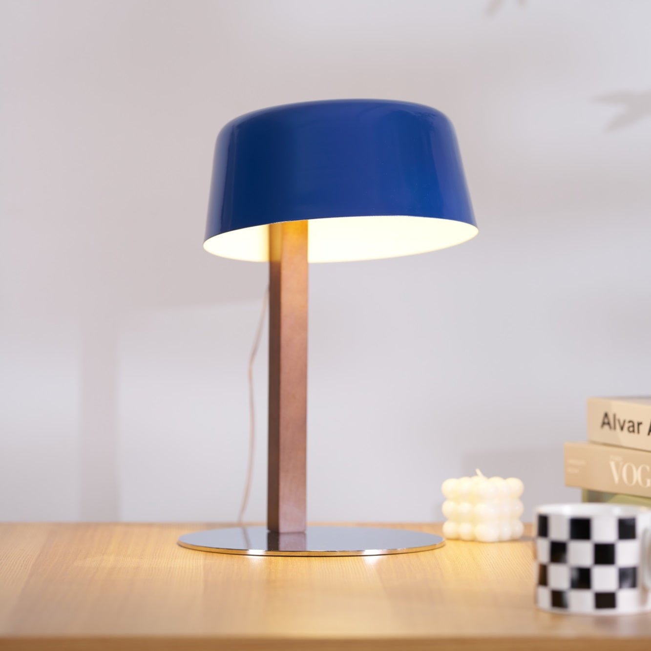 Dario Table Lamp | Wood & Chrome | Blue Shade