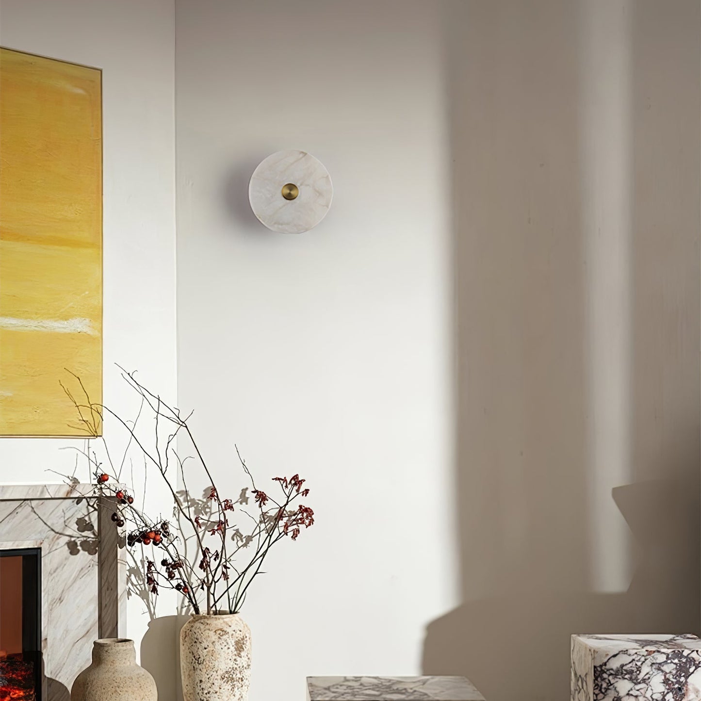 Disc Shaped Wall Light | Alabaster | Brass, White