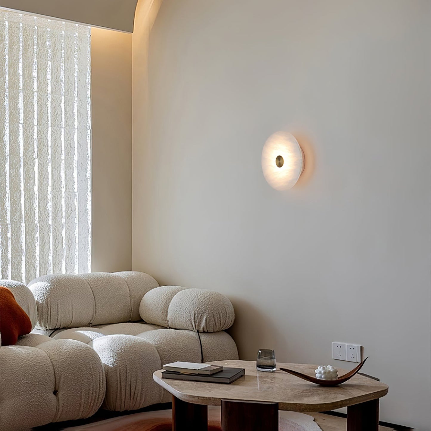 Disc Shaped Wall Light | Alabaster | Brass, White