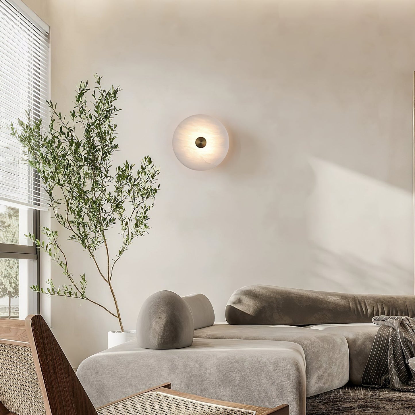 Disc Shaped Wall Light | Alabaster | Brass, White