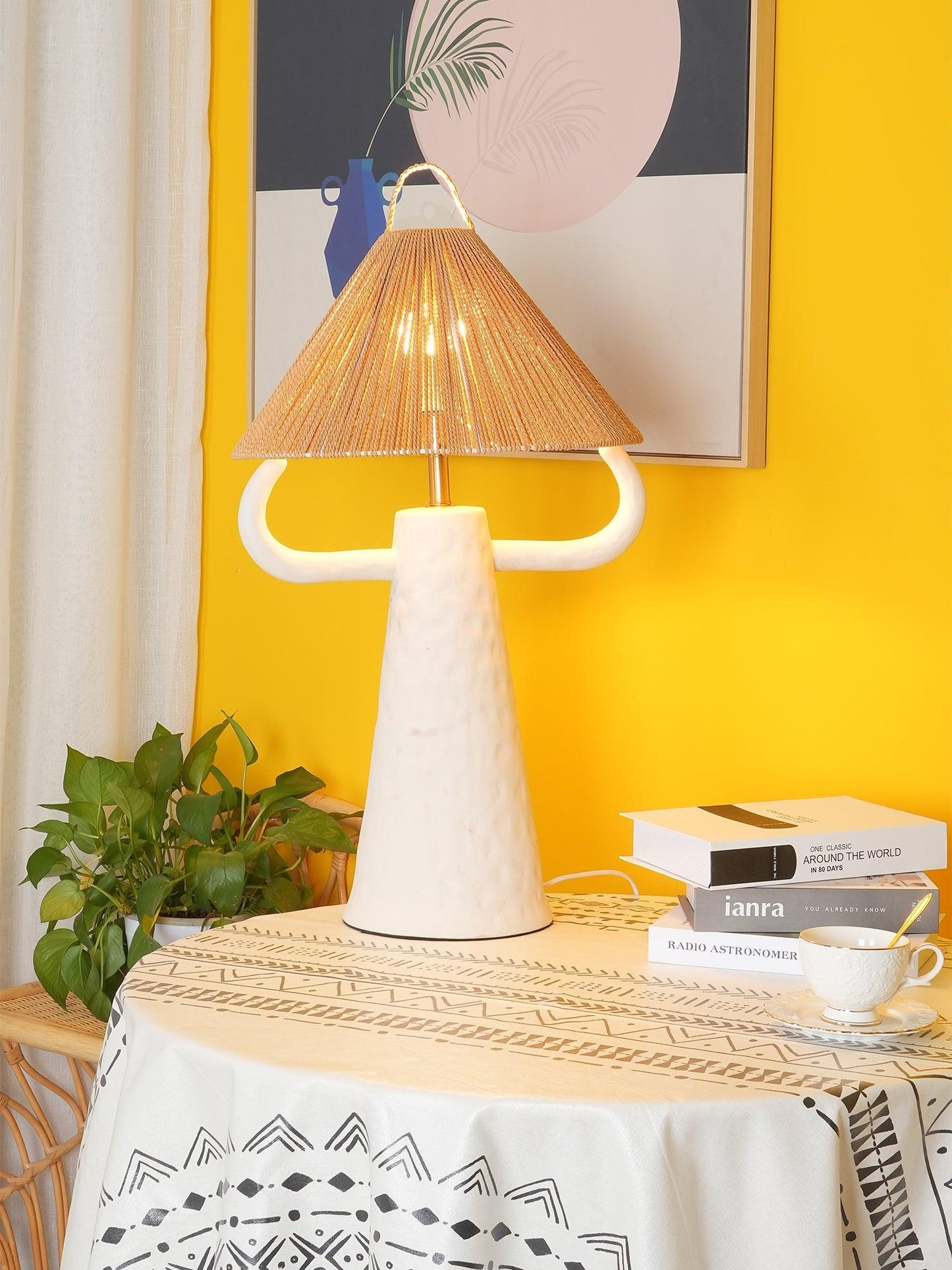Horns Ceramic Table Lamp | Braided Rope Shade | White/Terra Cotta/Skin