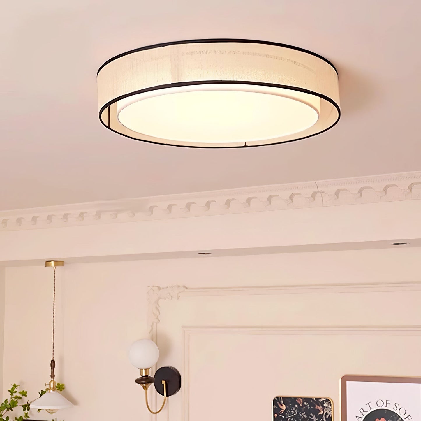 Drum Round Ceiling Lamp | Fabric Linen | Beige/Black/White