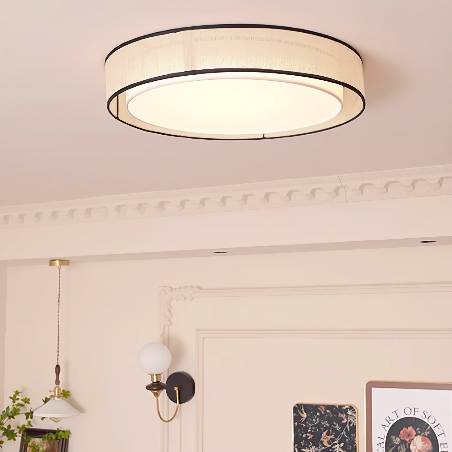 Drum Round Ceiling Lamp | Fabric Linen | Beige/Black/White