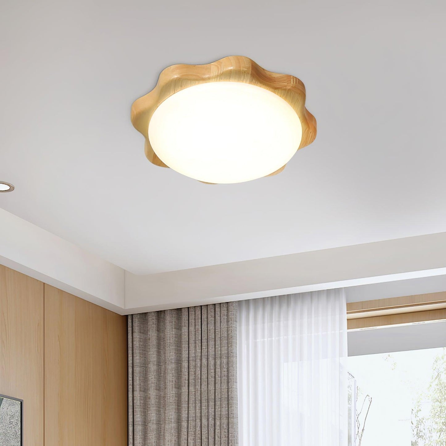 Drum Wood Ceiling Lamp | Rubberwood & Acrylic | White Shade