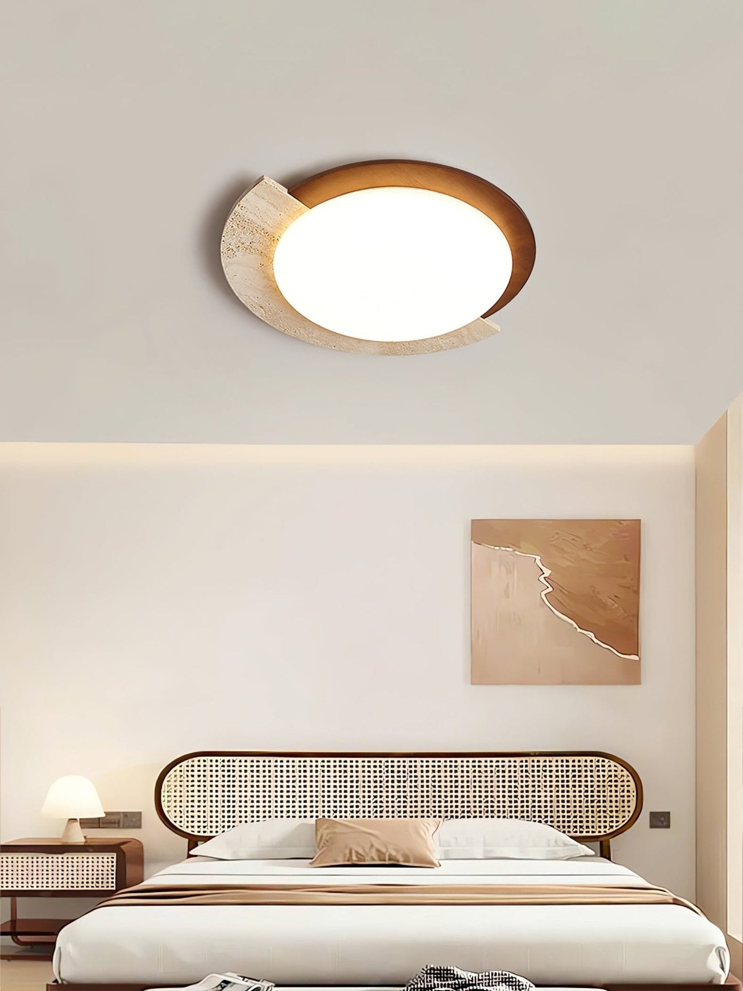 Eclipse Halo Ceiling Lamp | Travertine & Metal | Dark Walnut or Yellow Travertine