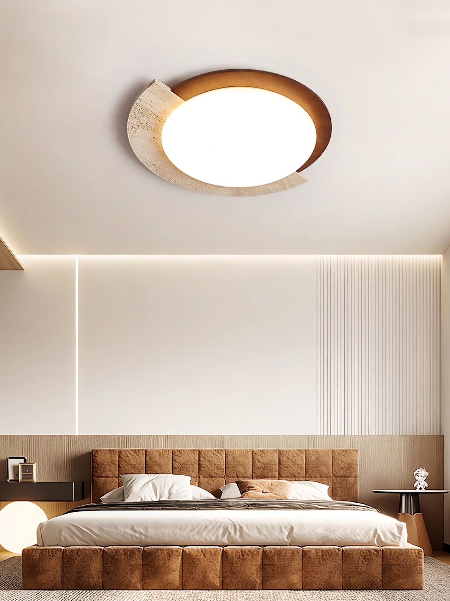 Eclipse Halo Ceiling Lamp | Travertine & Metal | Dark Walnut or Yellow Travertine